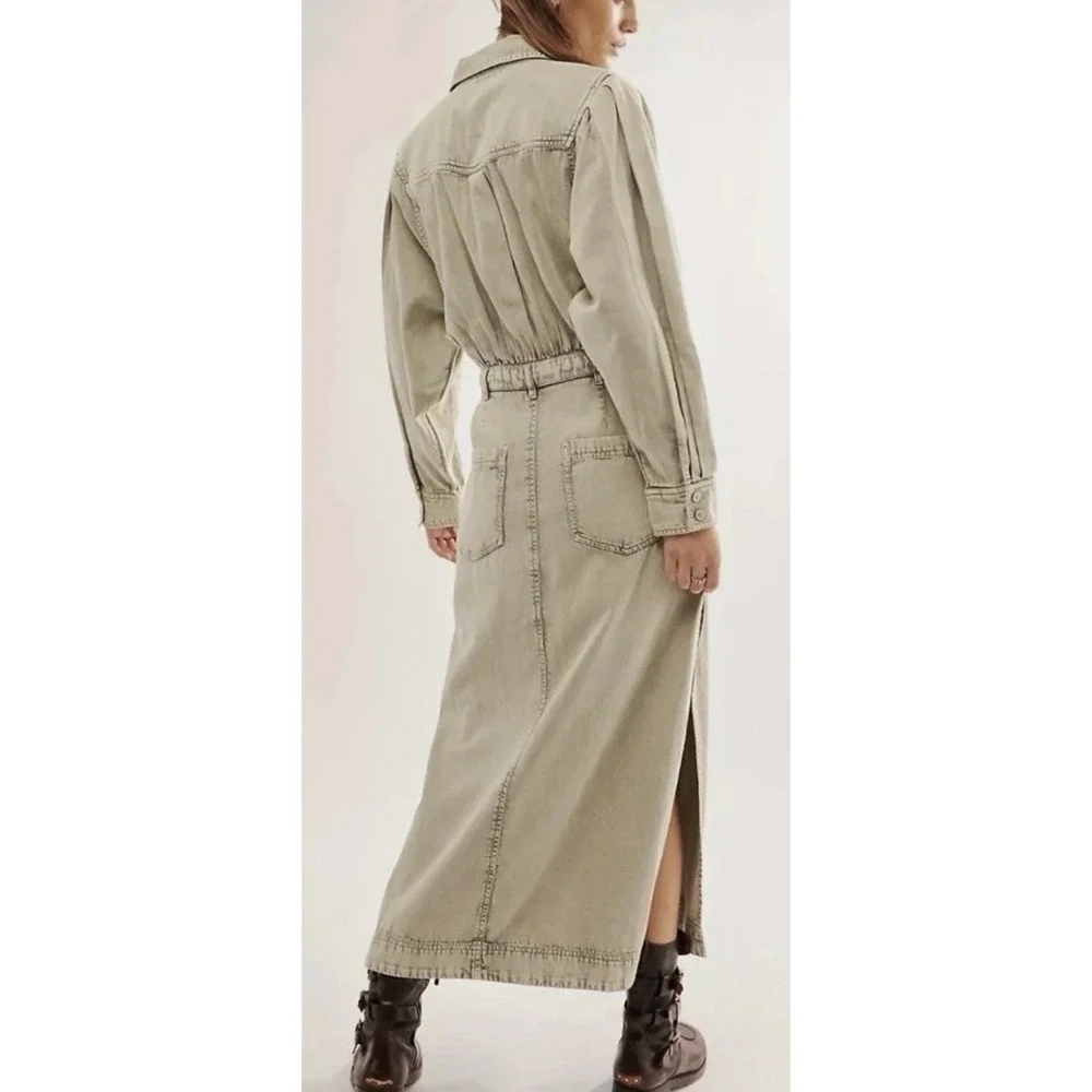 NWT Free People Mad Love Denim Midi Dress Cotton Fitted Long Sleeve Size M Sage - Picture 3 of 10